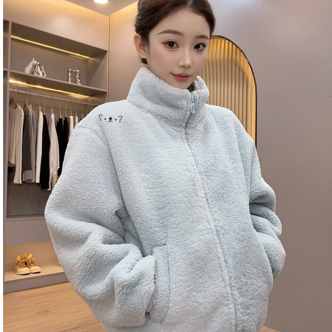 YM."暖绒“系列韩版糕糕毛宽松立领加绒加厚百搭显高休闲外套卫衣