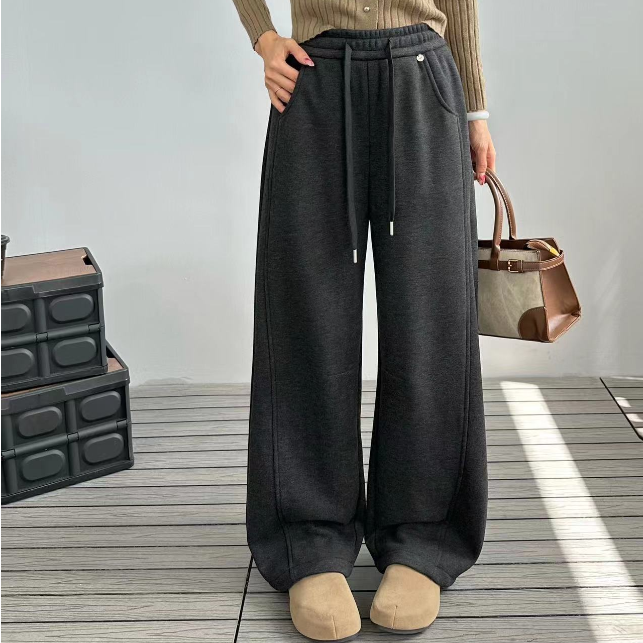 【醋酸羊毛混纺】花领高腰保暖秋冬阔腿休闲裤直筒小弯刀