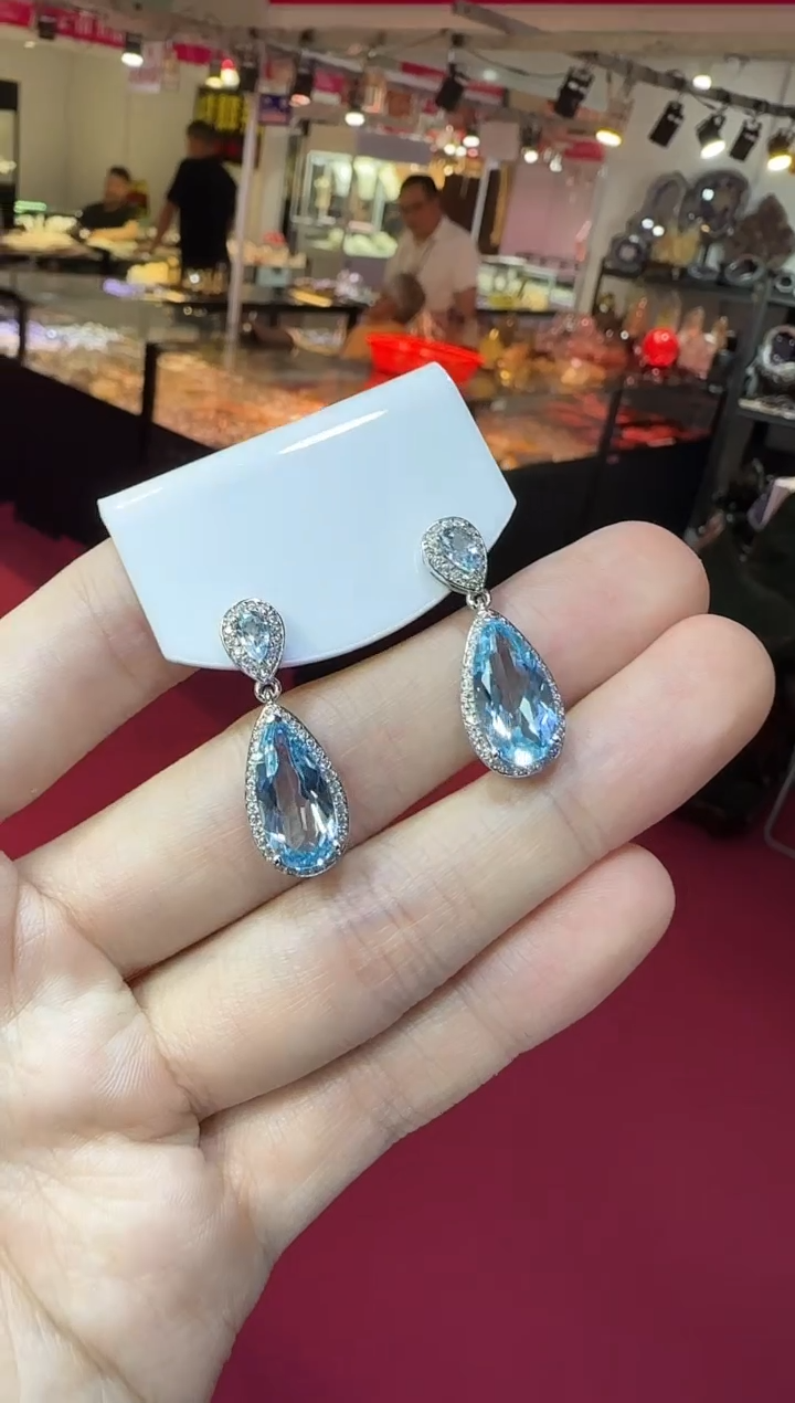 银S925镶嵌托帕石耳饰8*14mm耳坠