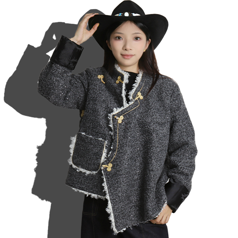 藏式服装多尼戈尔粗花呢棉服短款亮片加毛加厚时尚款冬季民族棉衣