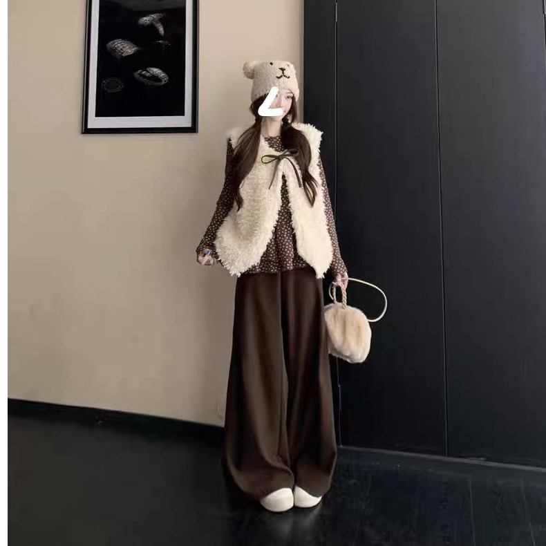韩系秋冬复古法式少女风毛毛马甲叠穿长袖打底高腰阔腿裤显瘦套装
