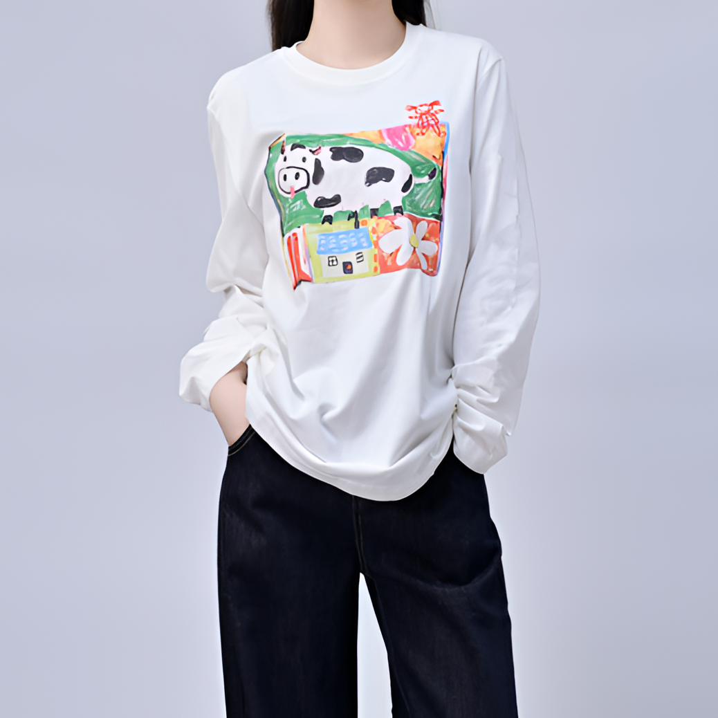 2025小众设计师长袖宽松奶牛油画印花T恤春秋秋季打底衫白色女