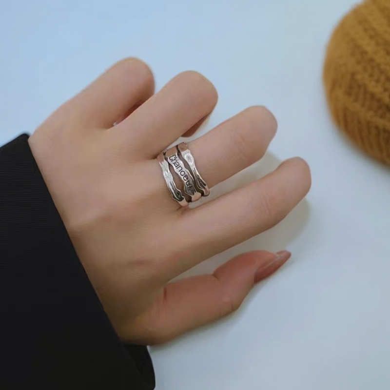 足银戒指 闭口足银999.9法式字母“幸运”浪漫戒指不规则ins风