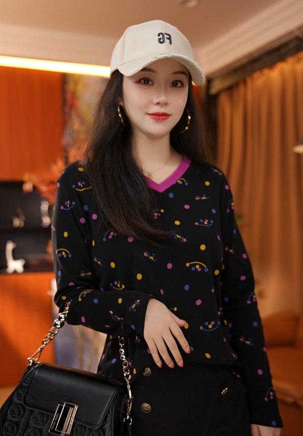 QJGAODING- 新款时尚彩色波点印花长袖T恤【0109】