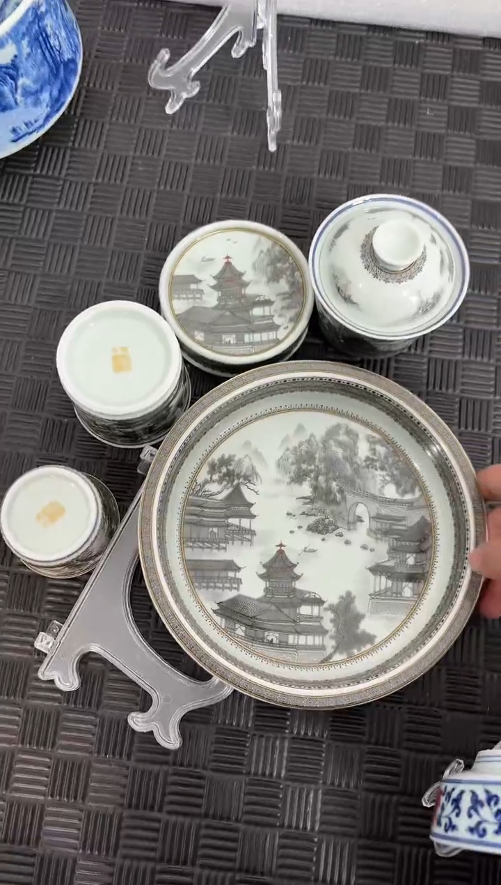 盖碗瓷?*源景德镇陶瓷茶具墨彩大明宫套组