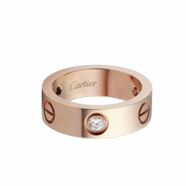 99新 Cartier/卡地亚  18k玫瑰金宽版三钻love螺丝戒指
