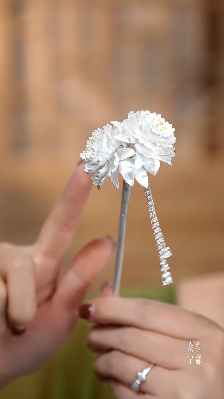 珐琅足银洋牡丹花描金发簪69.3克