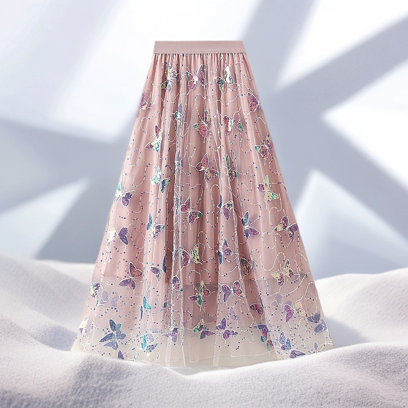 亮片蝴蝶纱裙半身裙2025春季新款高腰a字裙垂感中长网纱裙仙女裙