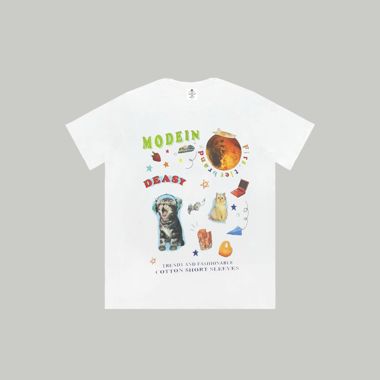 【星球猫】新品潮流夏季透气宽松T恤白色休闲情侣春夏个性印花