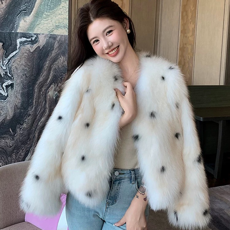 “美人奶豹”山猫纹新款狐狸毛腹毛皮草女短款年轻款减龄毛毛外套