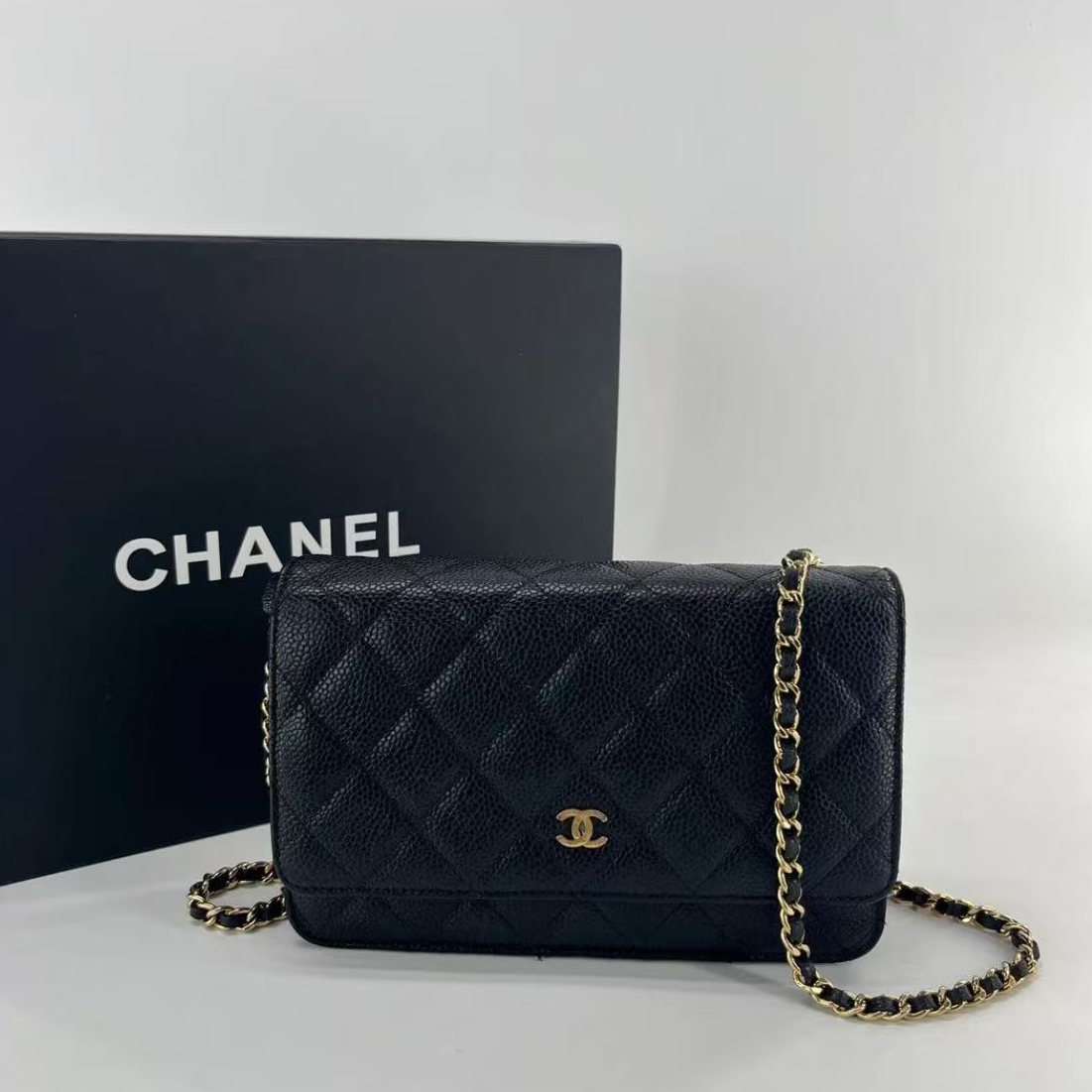 99新 Chanel/香奈儿 黑金荔枝牛发财woc链条包 /27开