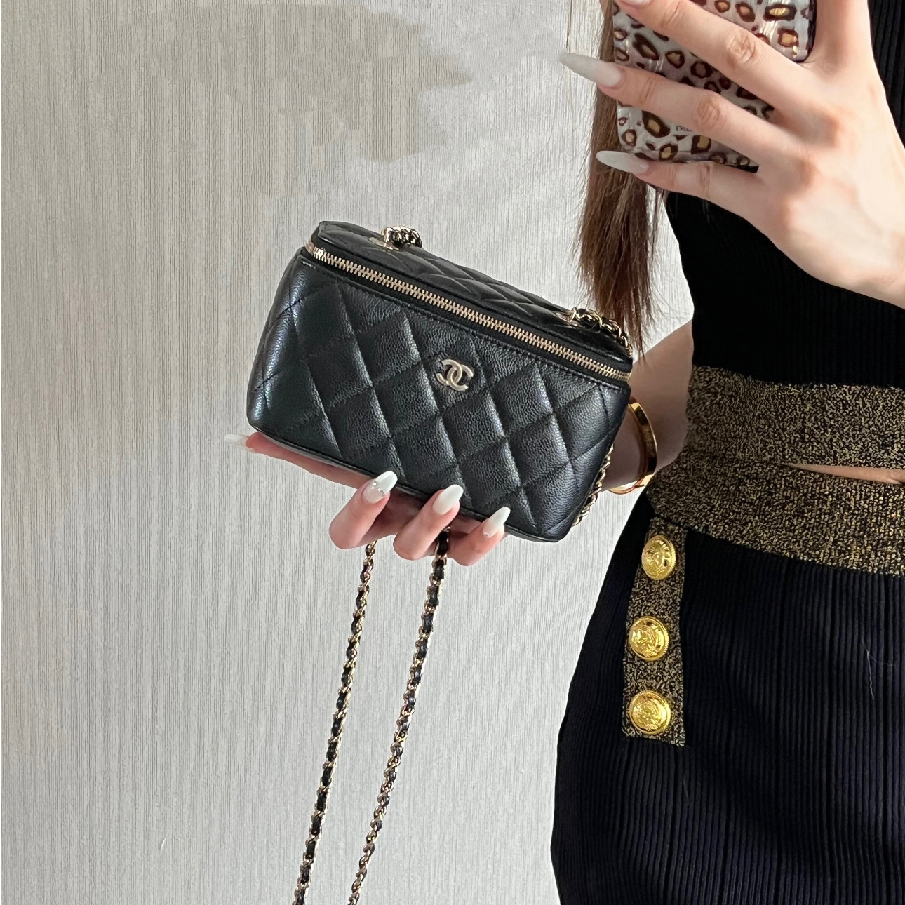 未使用 Chanel/香奈儿 蔚蓝中古/黑金荔枝牛 长盒子包 芯片款