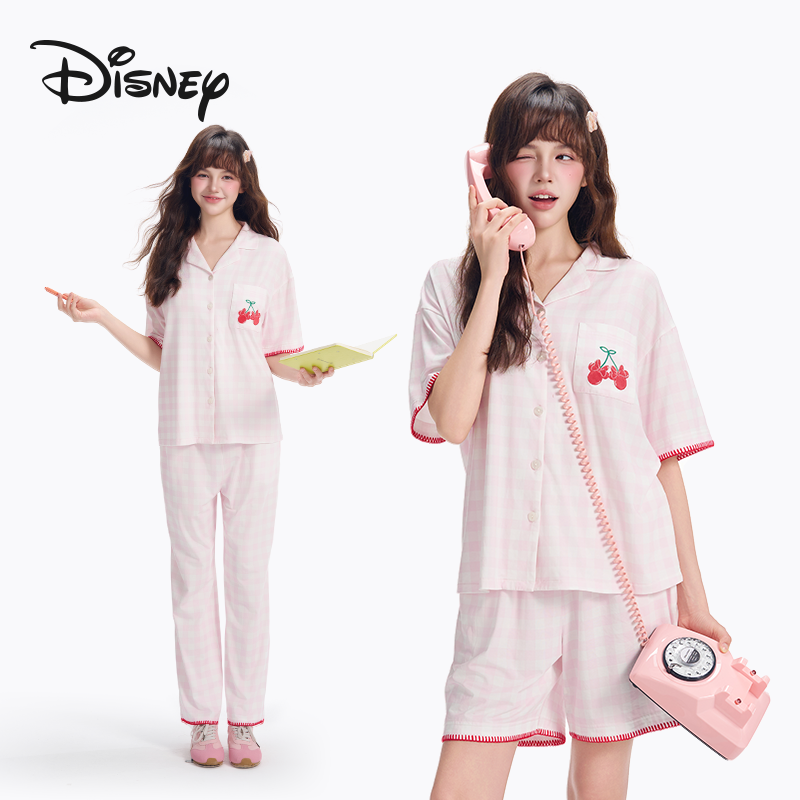 Disney/迪士尼莫代尔棉米妮三件套粉格甜美可外穿睡衣套装夏款