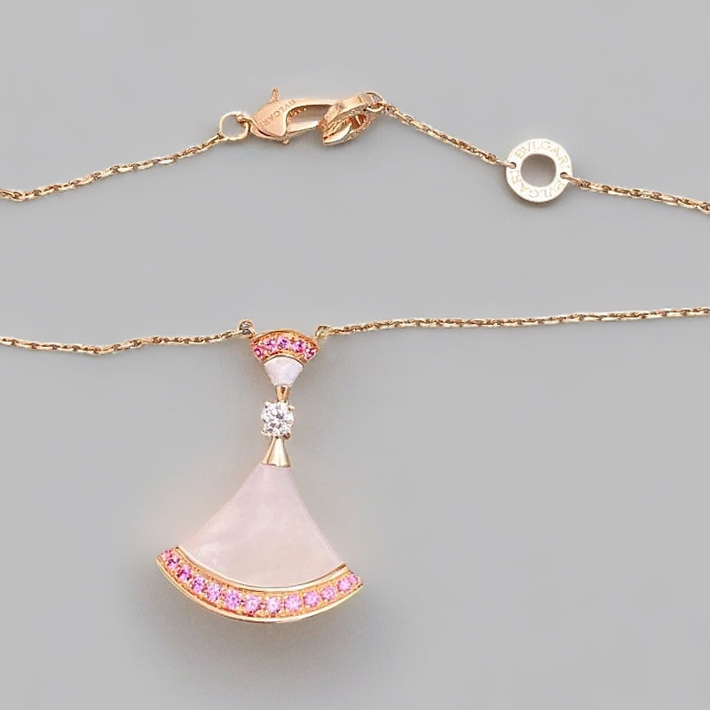 99新 BVLGARI/宝格丽 DREAM大号粉扇子边钻摇摆裙项链K玫 W23100