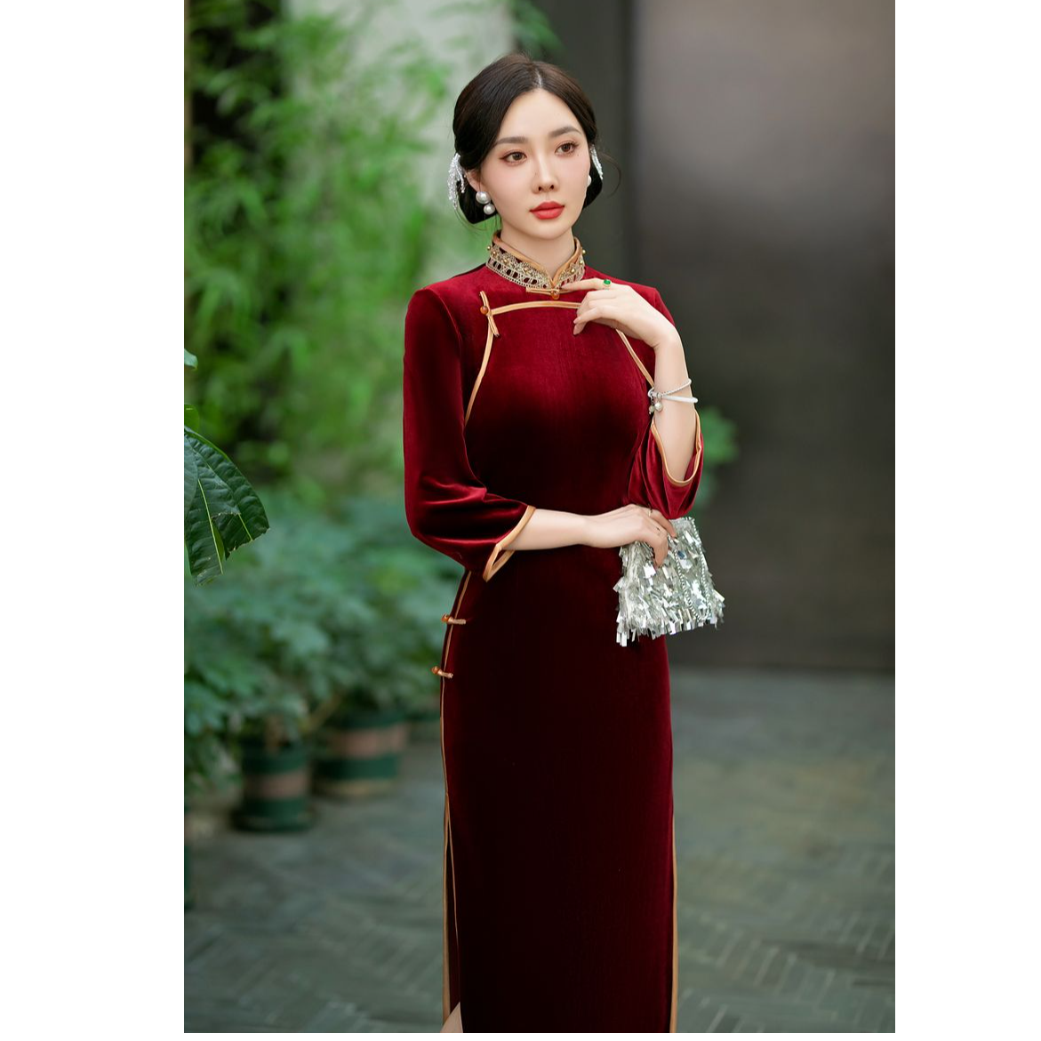 【红酒念春】旗袍订婚礼服高端修身酒红色色小个子改良订婚礼服女