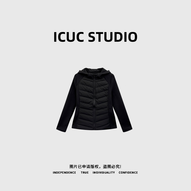 ICUC STUDIO-"90白鸭绒连帽小蛮腰"简约轻薄保暖拼接羽绒服ST06