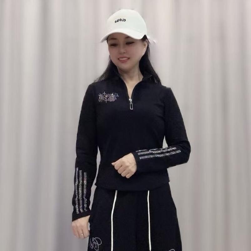 CX1123加厚磨毛烫钻T恤秋冬新品半拉链立领长袖打底显瘦修身百搭