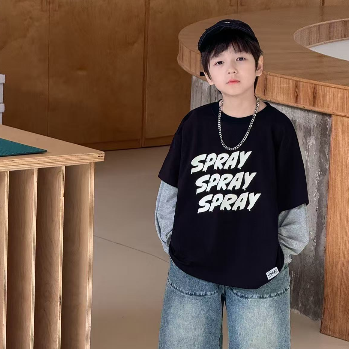 【橘子酱】男童韩版时尚长袖印花拼色T恤休闲儿童美式春款假两件潮