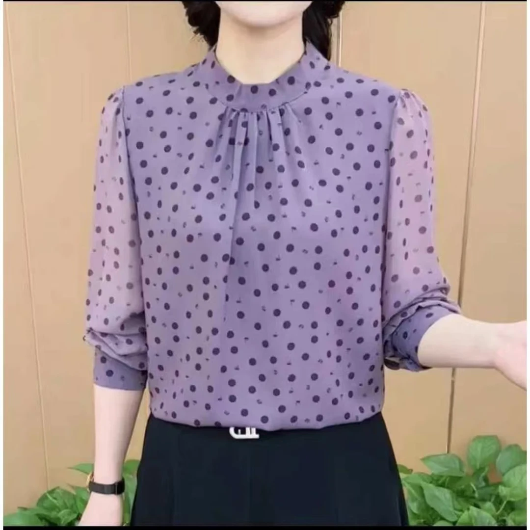 春夏新款圆领长袖衬衫女士洋气印花衬衣百搭气质减龄时尚上衣显瘦