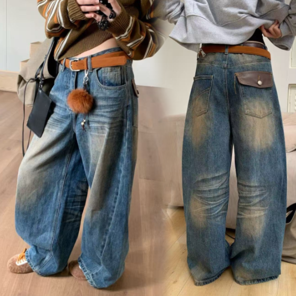 冬季新款韩系百搭时尚设计感加绒/单料牛仔阔腿弯刀裤B3132