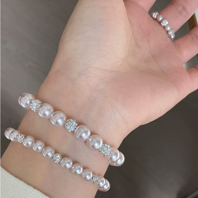 合金仿珍珠手链 玫瑰曼塔超闪锆石珠珠手链精致百搭弹力绳手串