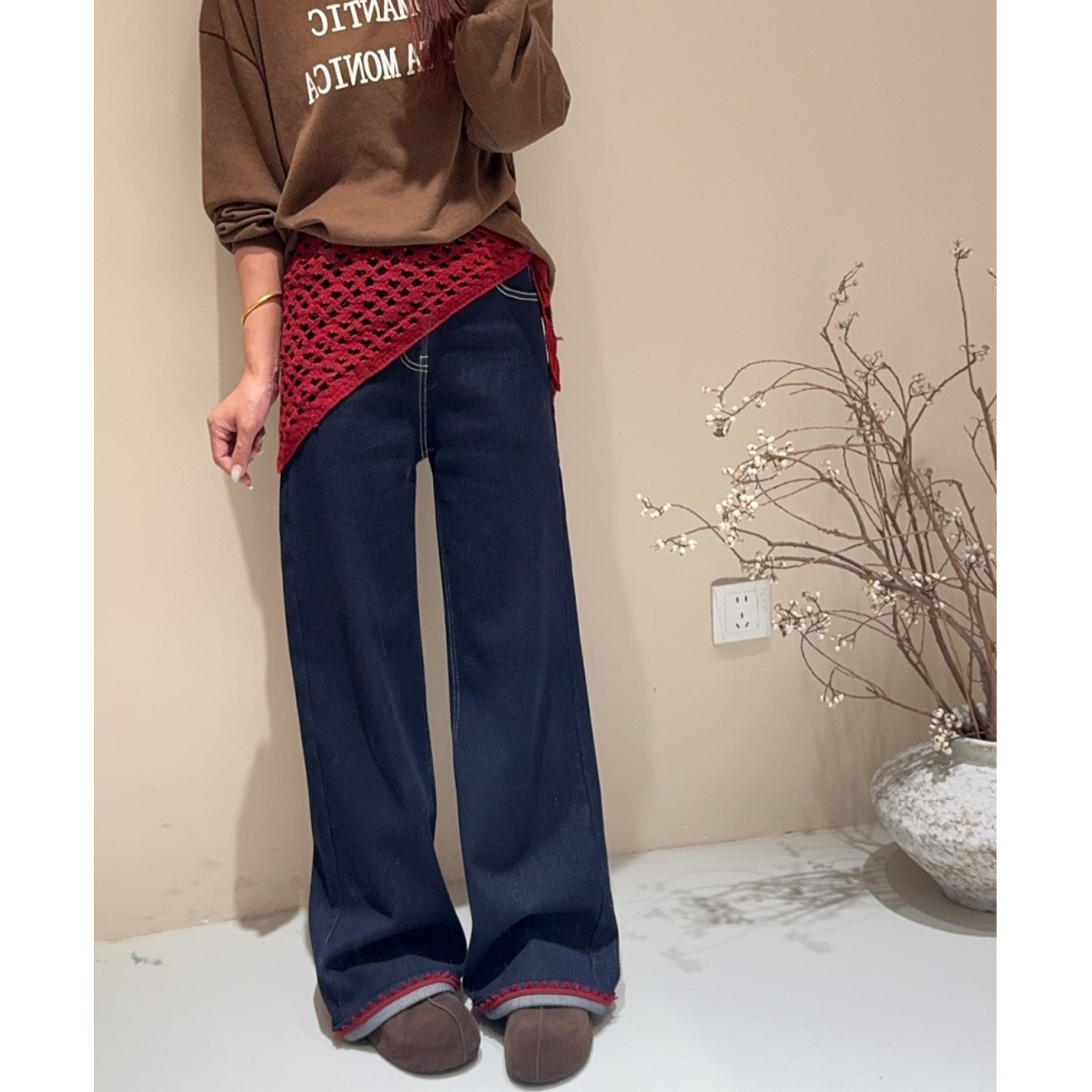 【豪宝贝】2025FW原色红三角巾加绒直筒牛仔裤9103