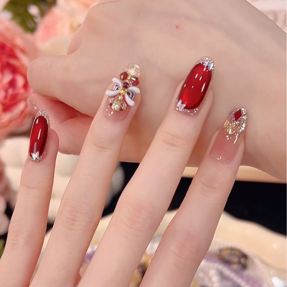 【恭喜发财】手工猫眼穿戴甲美甲贴片可拆卸指甲贴片10片装