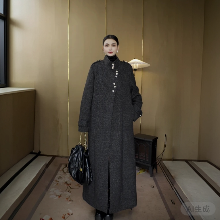 【685】深灰色财阀千金立领大衣加厚冬大衣