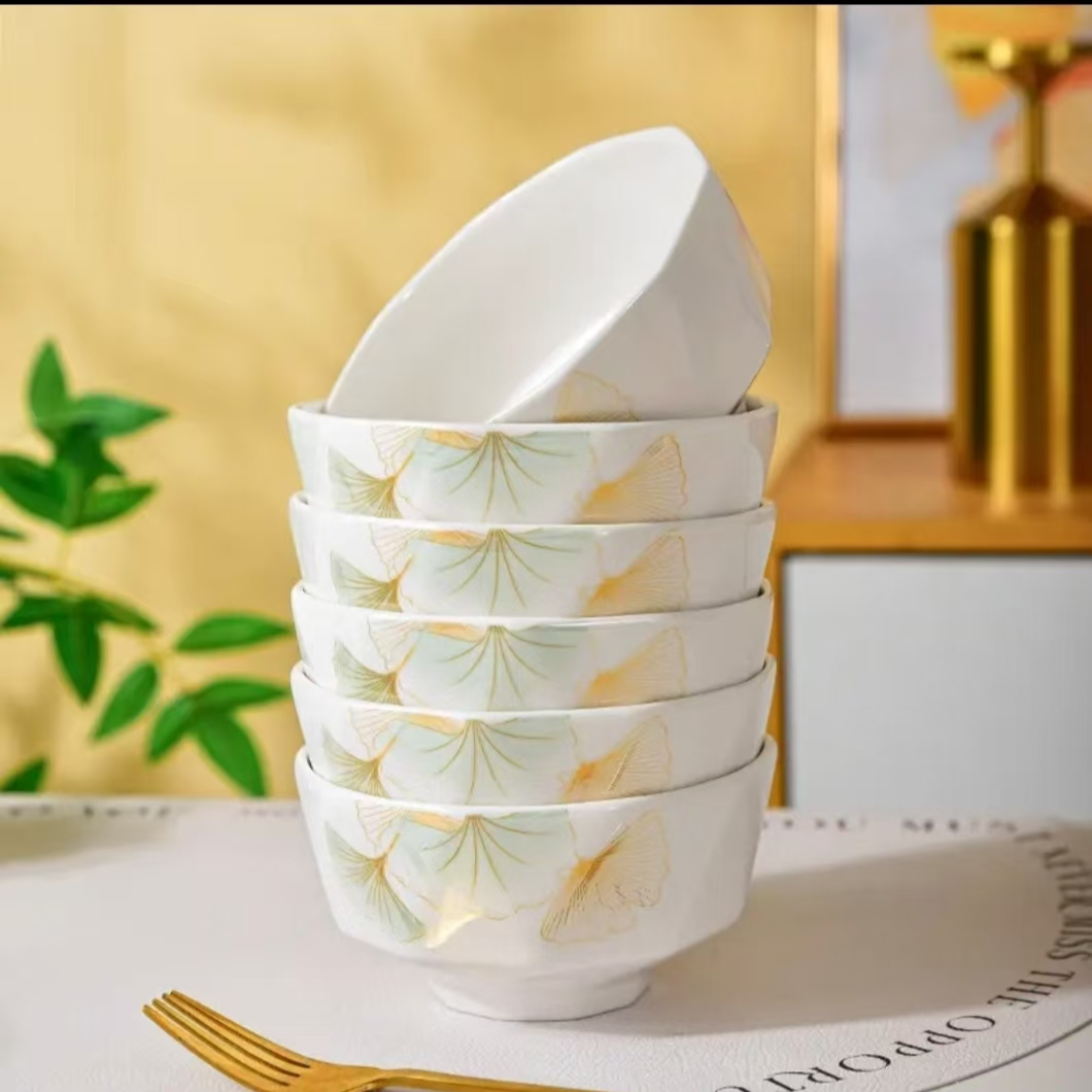 银杏花开6英寸碗4只装餐具家用简约大号创意陶瓷中式白瓷