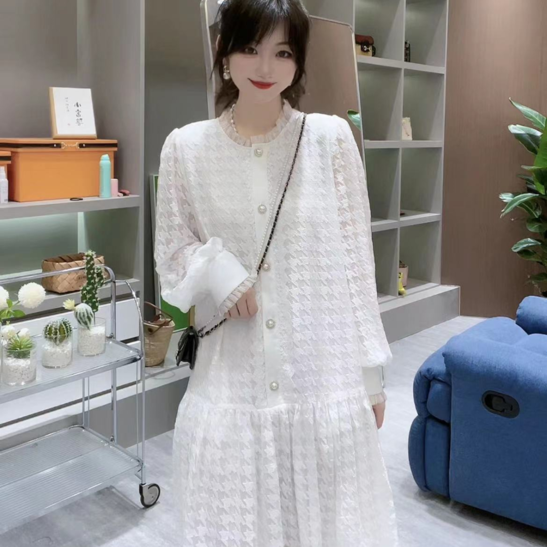 《CHUN》刺绣千鸟格桑蚕丝连衣裙