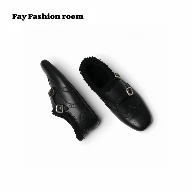 FAY | P家 巴洛克手工雕花英伦皮小皮鞋乐福加绒单鞋