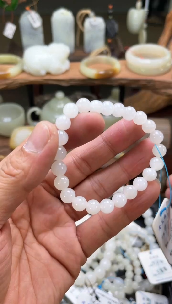 【闪购商品】和田玉手串未镶嵌卡8且末天泰白玉 圆珠31441