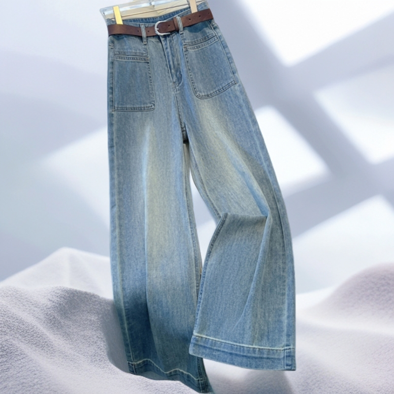 拉夏贝尔灰白色直筒牛仔裤女夏季2025新款今年流行爆款窄版阔腿裤