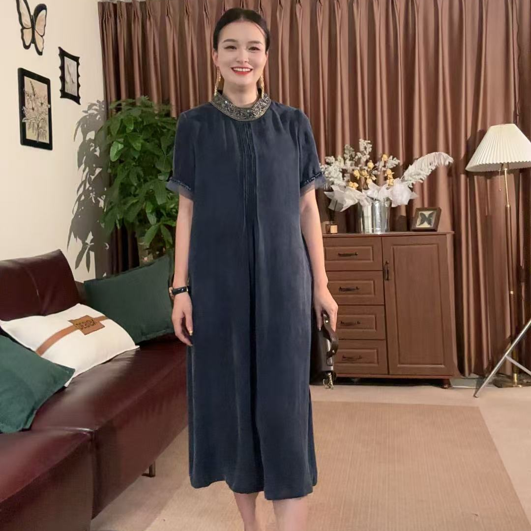 藏青色复古时尚百搭气质夏季连衣裙