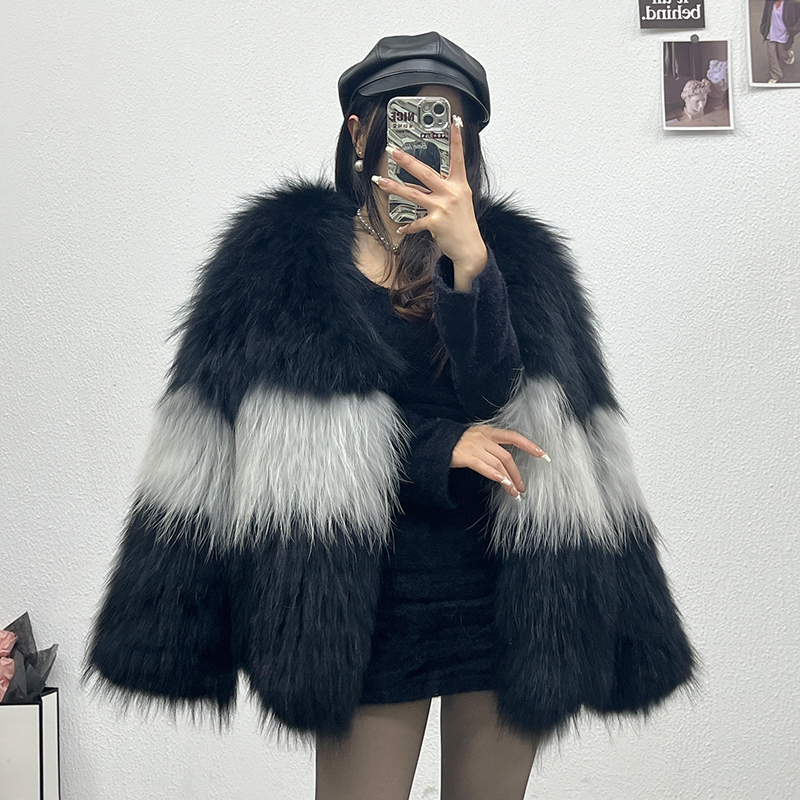 幼奈皮草貉子毛黑灰拼加密加厚双面编织皮草2024冬新款毛毛外套女