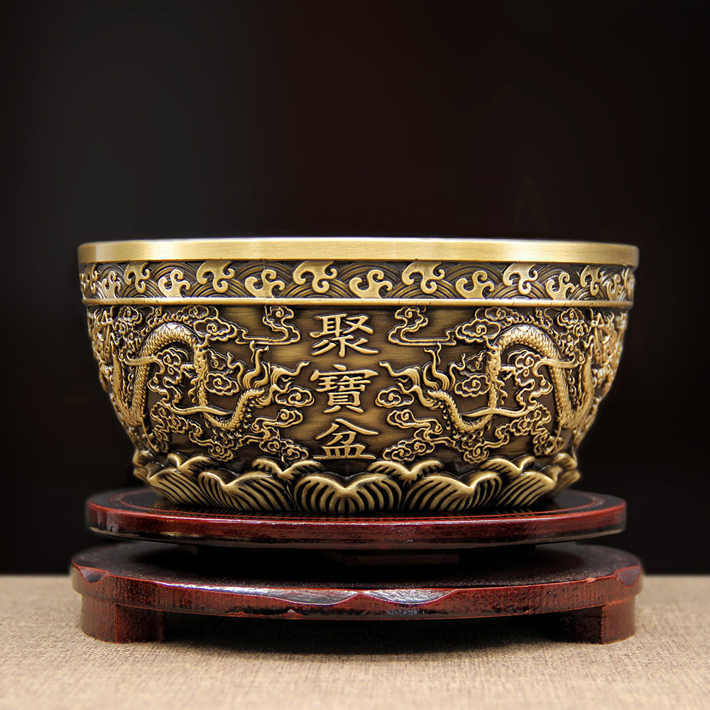 壹心铜 12-15-18-22《双龙聚宝盆》黄铜办公室家居乔迁工艺品送礼