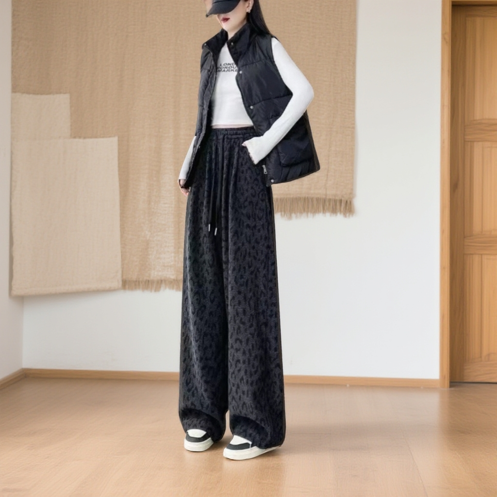 加绒加厚款阔腿裤高腰豹纹休闲裤长裤宽松秋冬针织