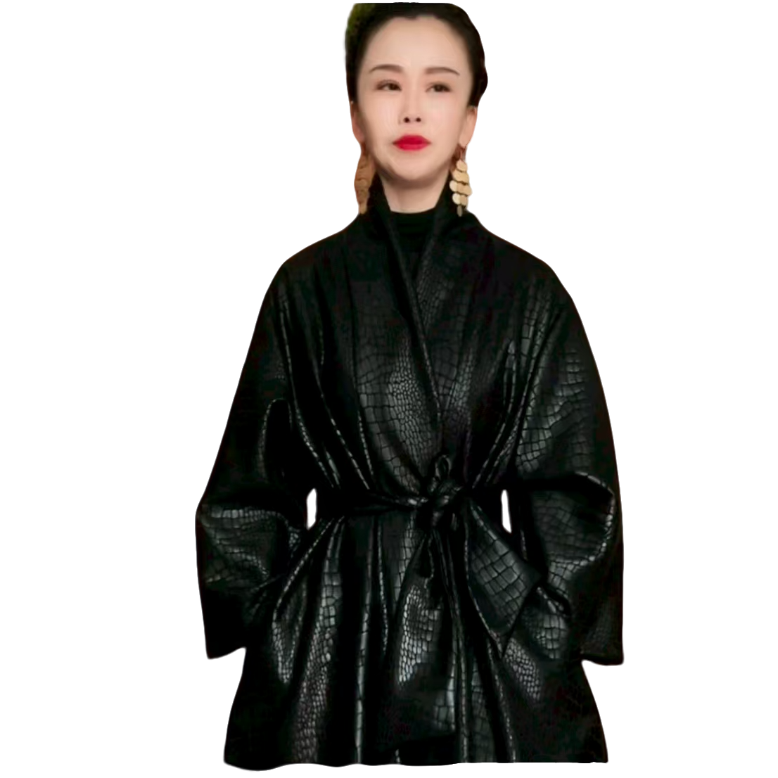 黑色龟裂纹带腰带风衣