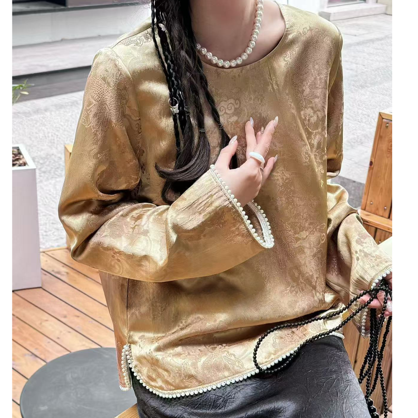 新中式国风提花圆领减龄优雅高级感小衫上衣-苋   17372-