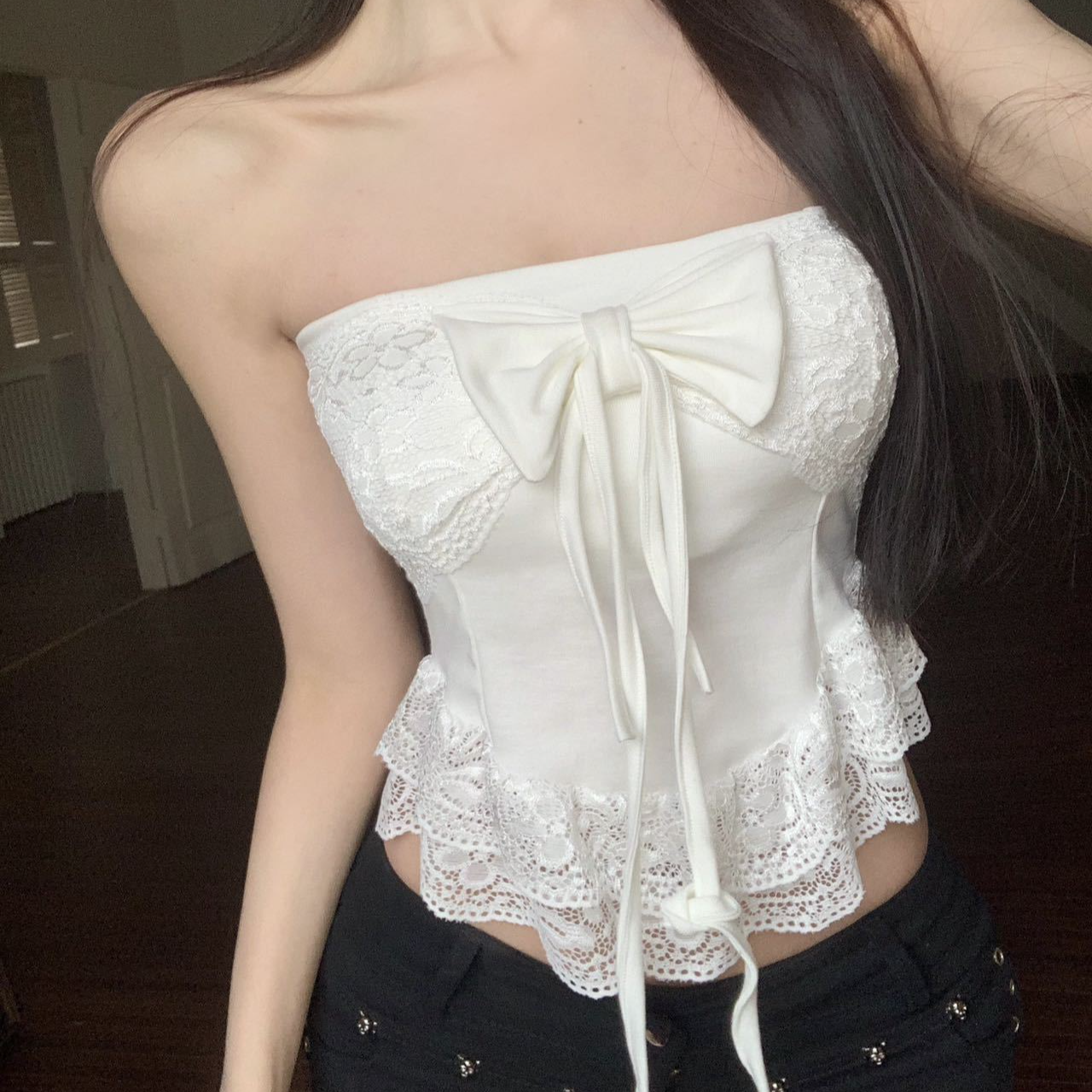 夏季法式甜美蝴蝶结蕾丝挂脖背心修身百搭带胸垫气质上衣短款抹胸