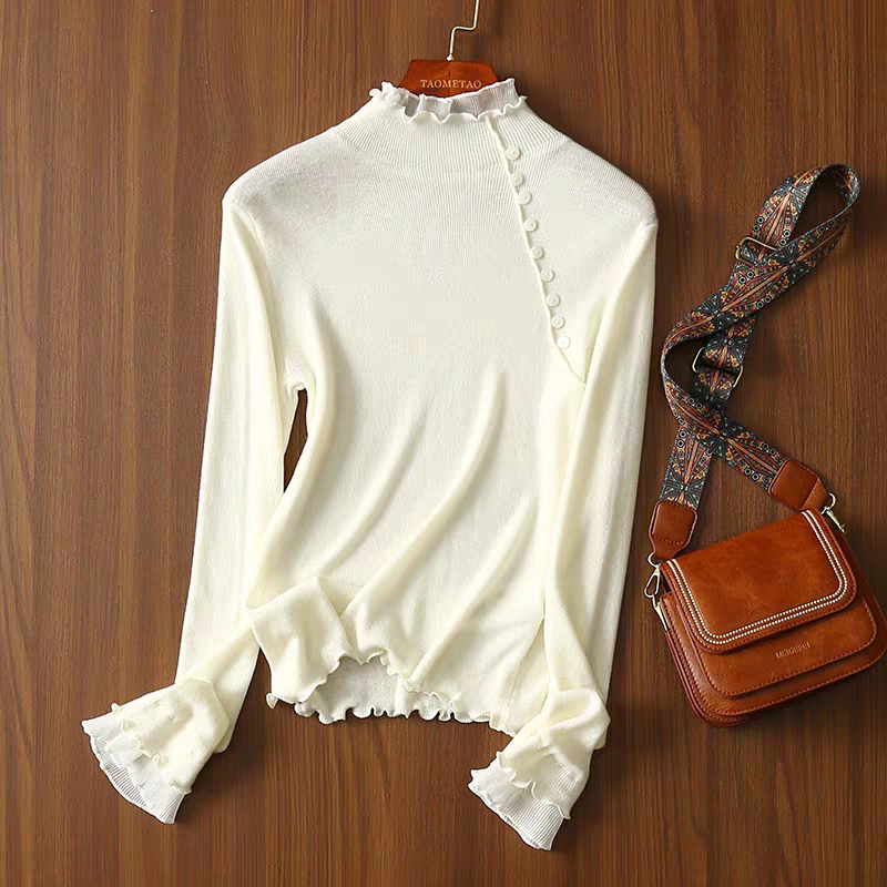 法式气质拼接荷叶边斜一排扣针织上衣