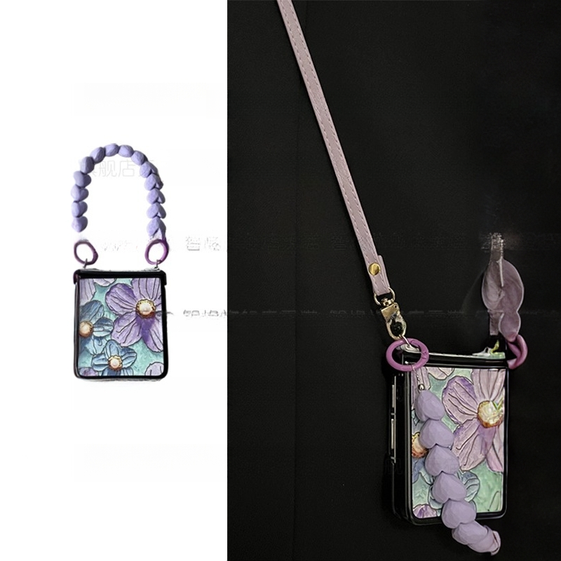 紫色油画花朵适用华为pocket2手机壳折叠屏p50pockets斜挎purax