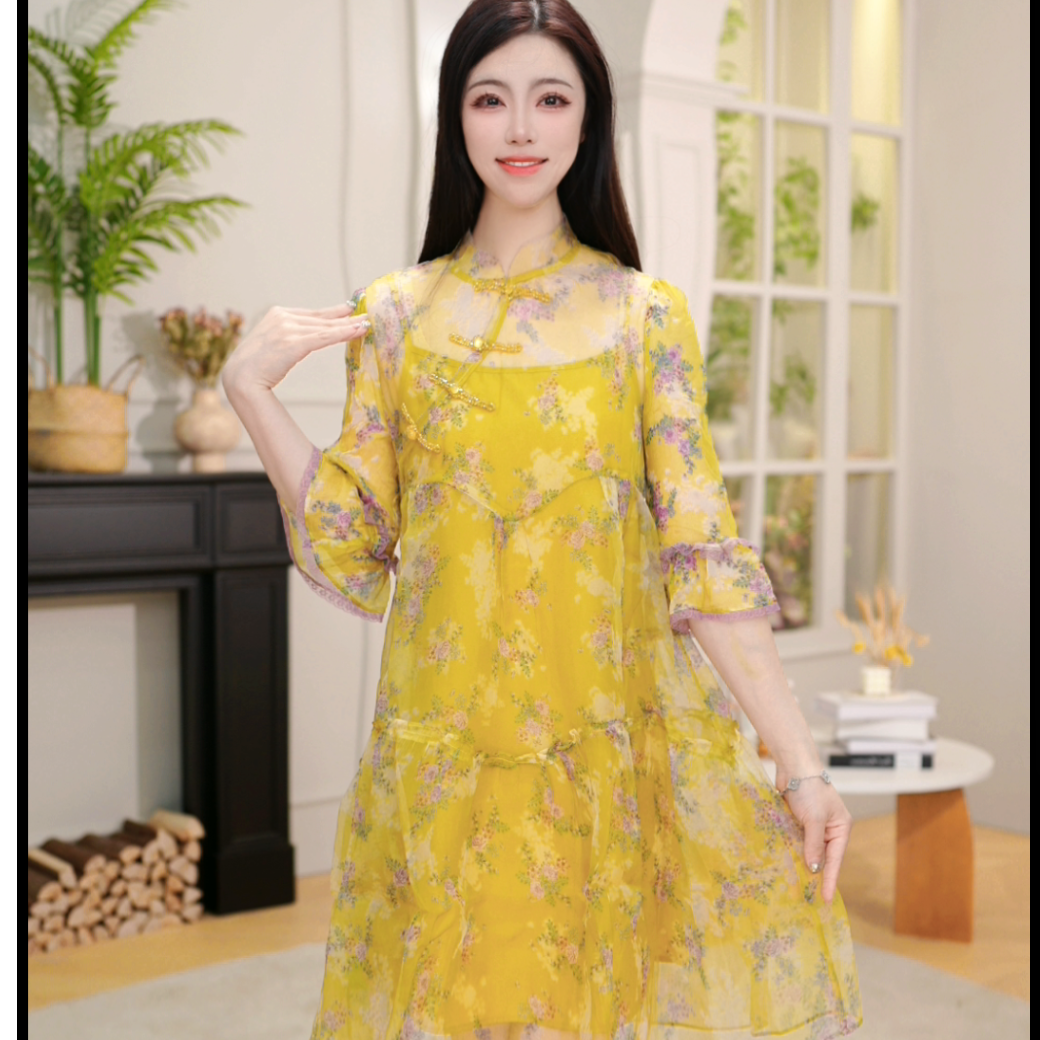 连衣裙夏装拼接圆领显瘦套头夏季洋气韩版中长款气质宽松