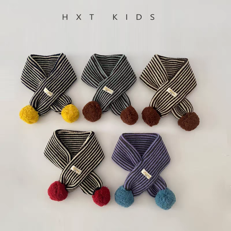 秋冬季保暖针织围巾男女童条纹毛球围脖宝宝韩版护脖防寒潮