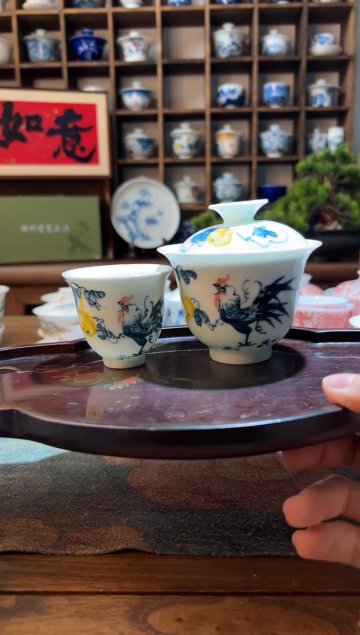 【闪购商品】手绘葫芦鸡二才盖碗+送一杯