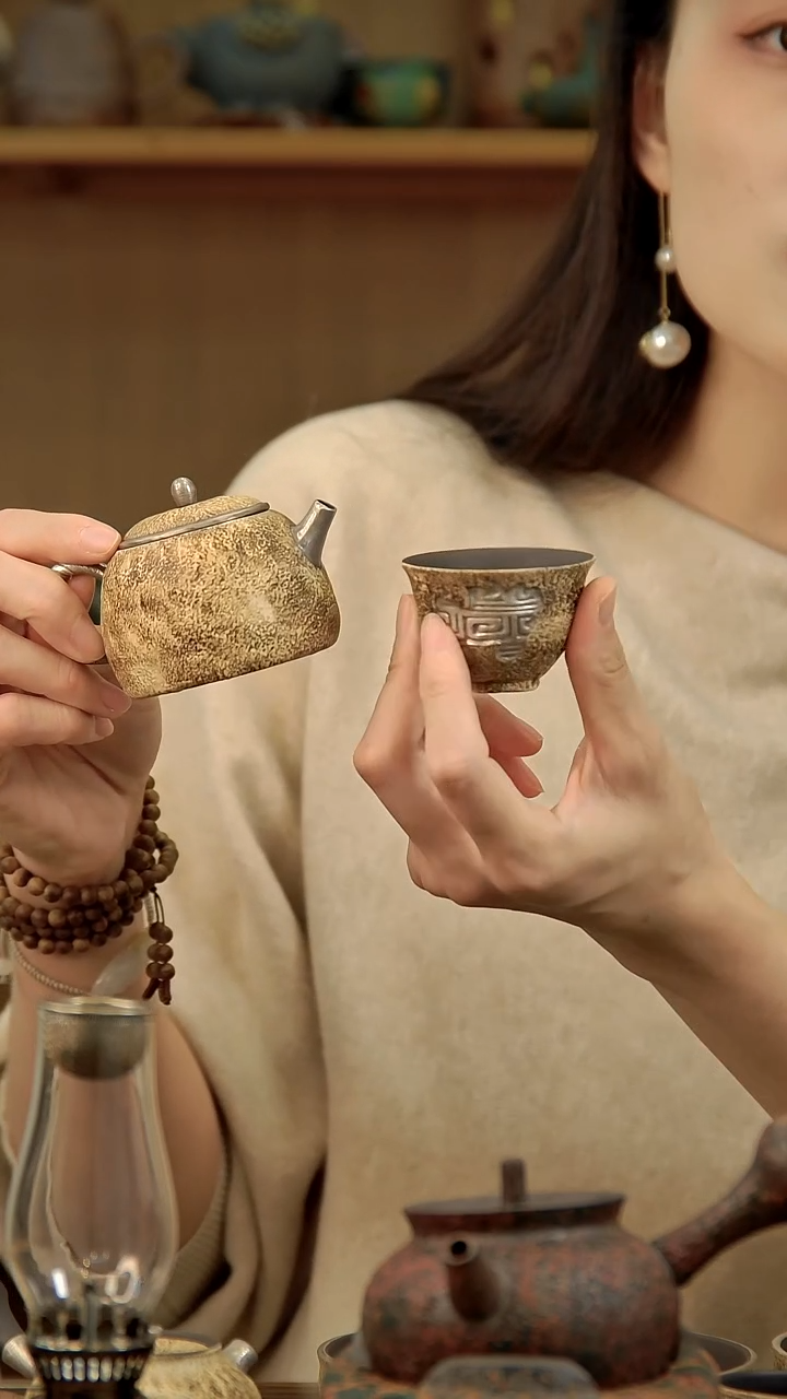 言野手作 粉引仿古秦权壶+青铜银杯
