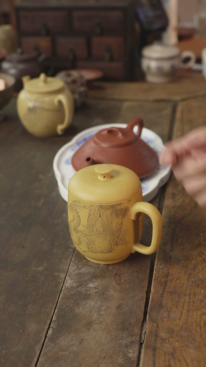 【闪购商品】紫砂茶杯山冰刻绘双鹿盖杯