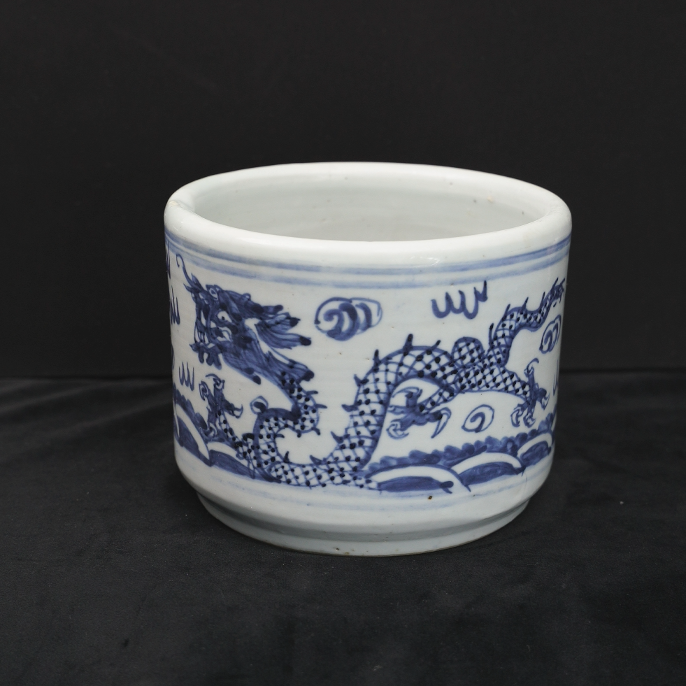 乙1702 清中期青花双龙戏珠笔筒式香炉 口沿芝麻剥釉 