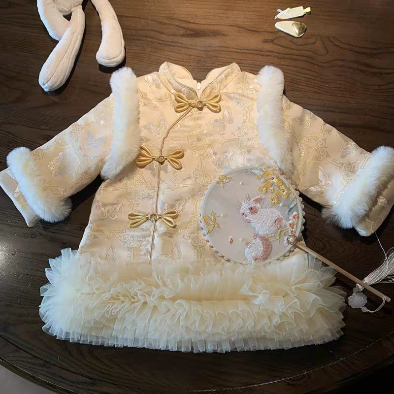 女童拜年服2025新款加绒冬周岁礼服小童女宝宝汉服旗袍公主裙上衣