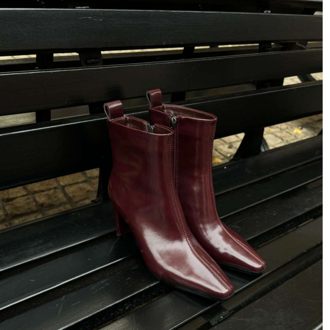 DM2025秋冬7cm真皮方头靴子女短靴高跟法式侧拉链女鞋L500